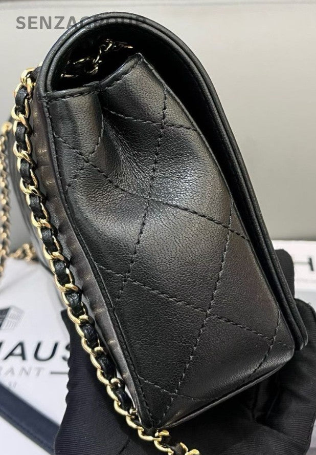 Chanel Classic Flap Calfskin Chain Shoulder Black Gold Diamond Women Designer