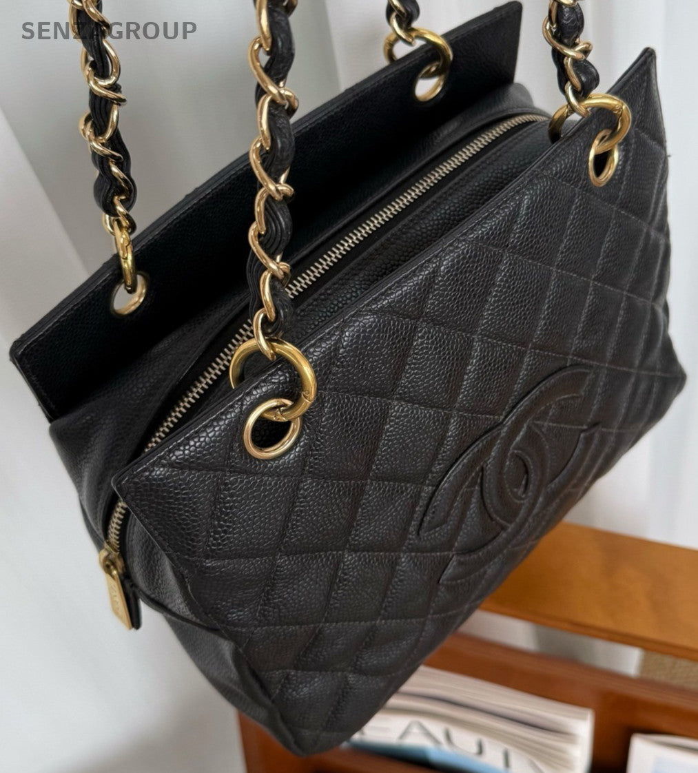 CHANEL PPT Caviar CC Chain Shoulder Handbag Black Gold Women tote
