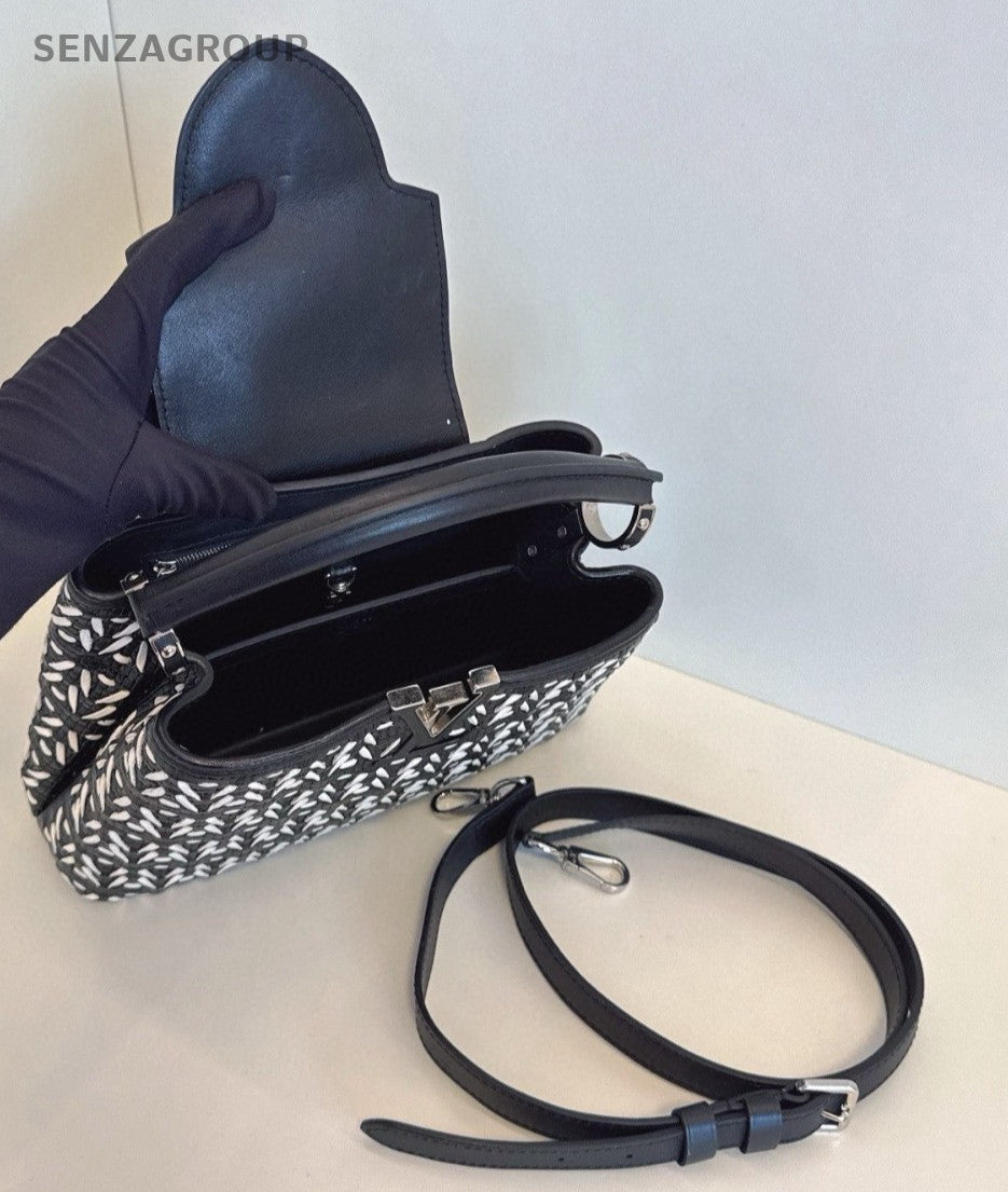 Louis Vuitton Capucines BB Top Handle Shoulder Crossbody Bag Black White Women