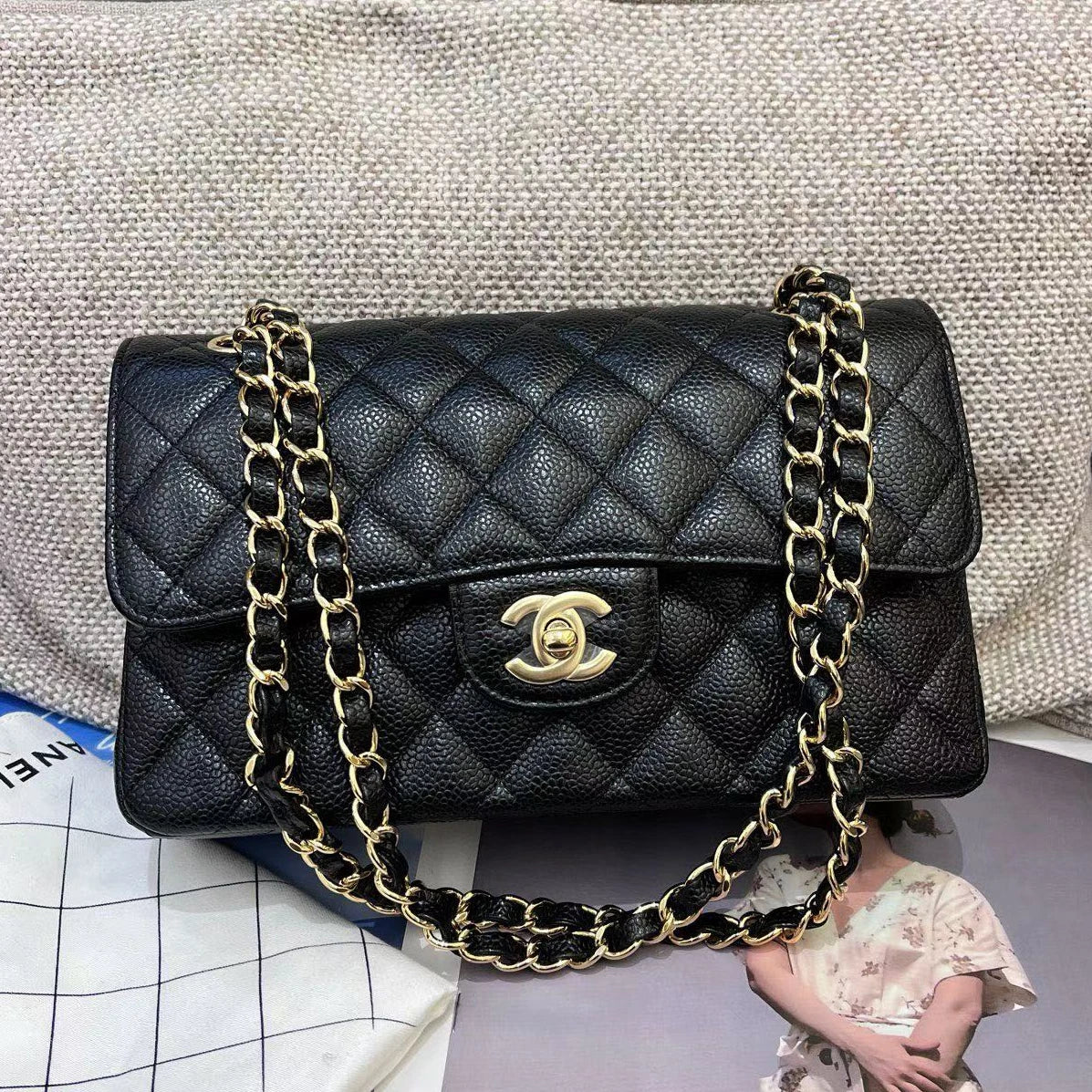 Chanel Classic Flap PM Calfskin Chain Shoulder Crossbody Black Gold Women