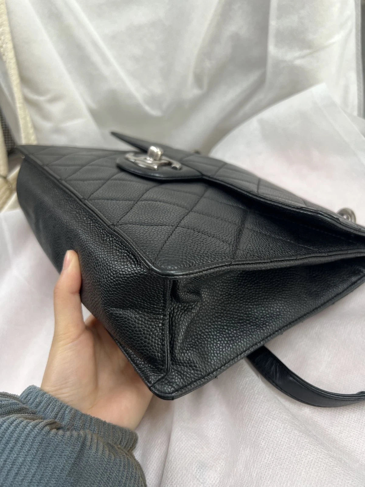 Chanel Bombay Calfskin Chain Shoulder Bag Black Silver Women Classic