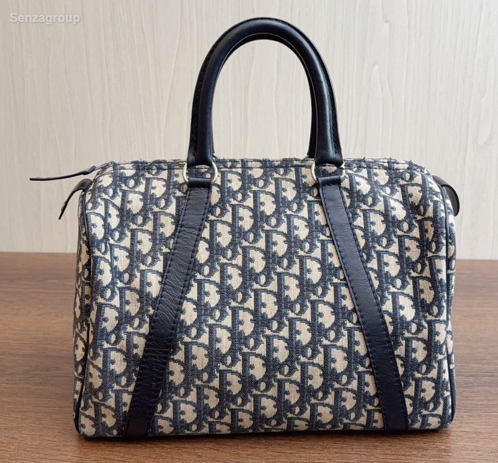 Christian Dior Boston Oblique Top Handle Bag Black Silver Women Classic Vintage