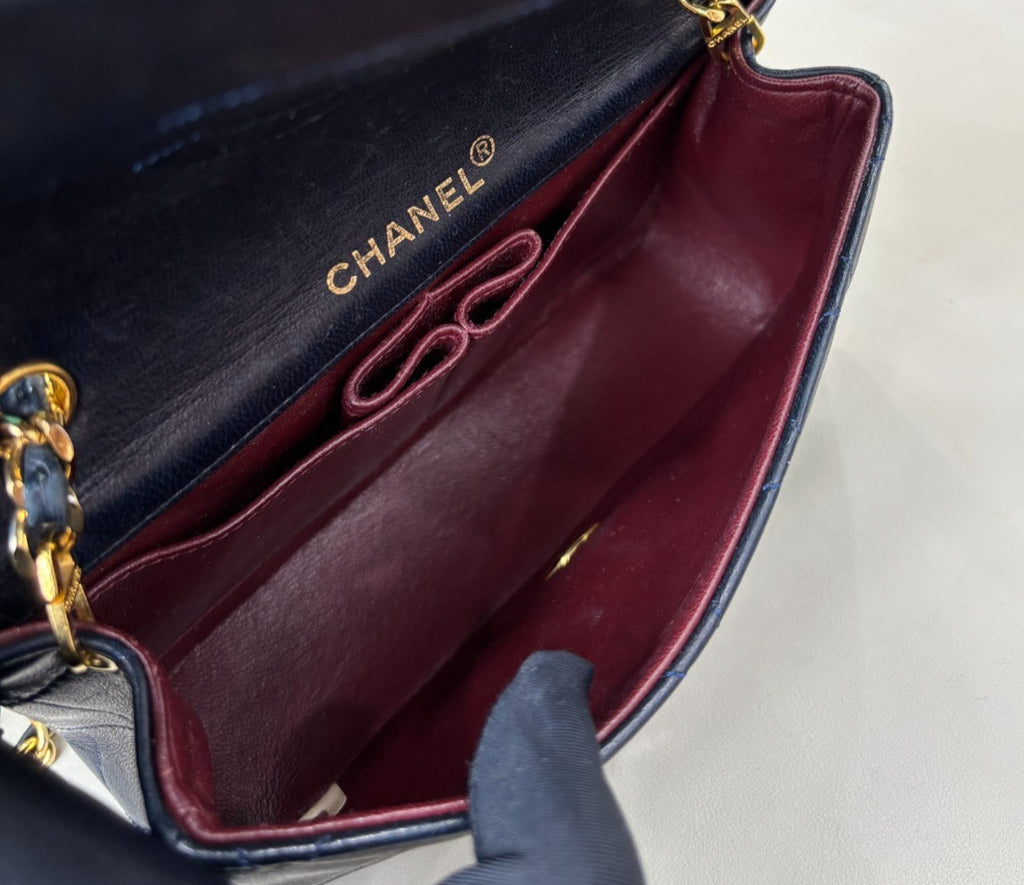 Chanel Lambskin Chain Shoulder Bag Crossbody Blue Gold Women Classic