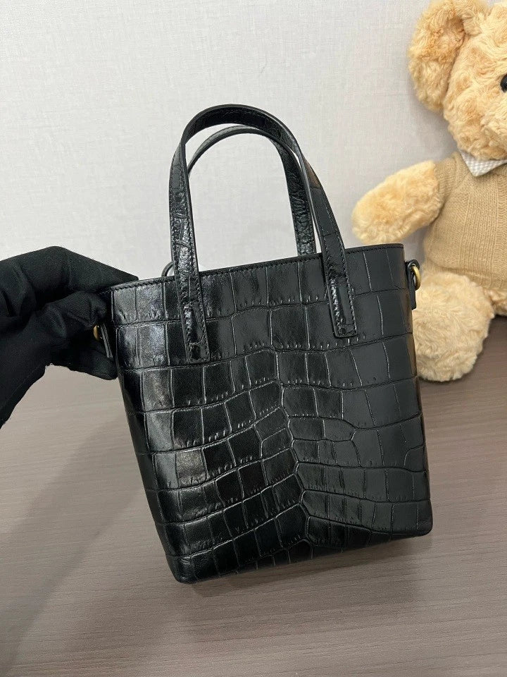 YSL Black Gold Crocodile Embossed Mini Tote Bag For Women