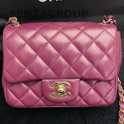 Chanel Red Lambskin Mini Square Flap Bag Gold Hardware Chain Strap