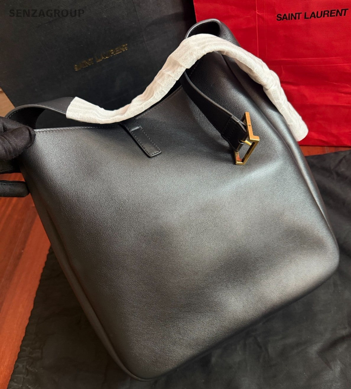 Saint Laurent Hobo Soft GM Tote Shoulder Bag Black Gold Women Classic