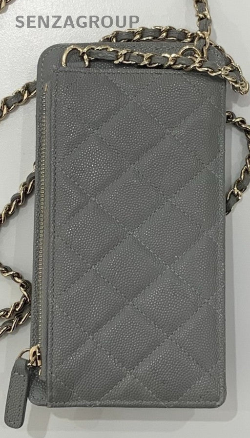 Chanel Calfskin Chain Shoulder Bag Crossbody Gray Gold Diamond Women Classic