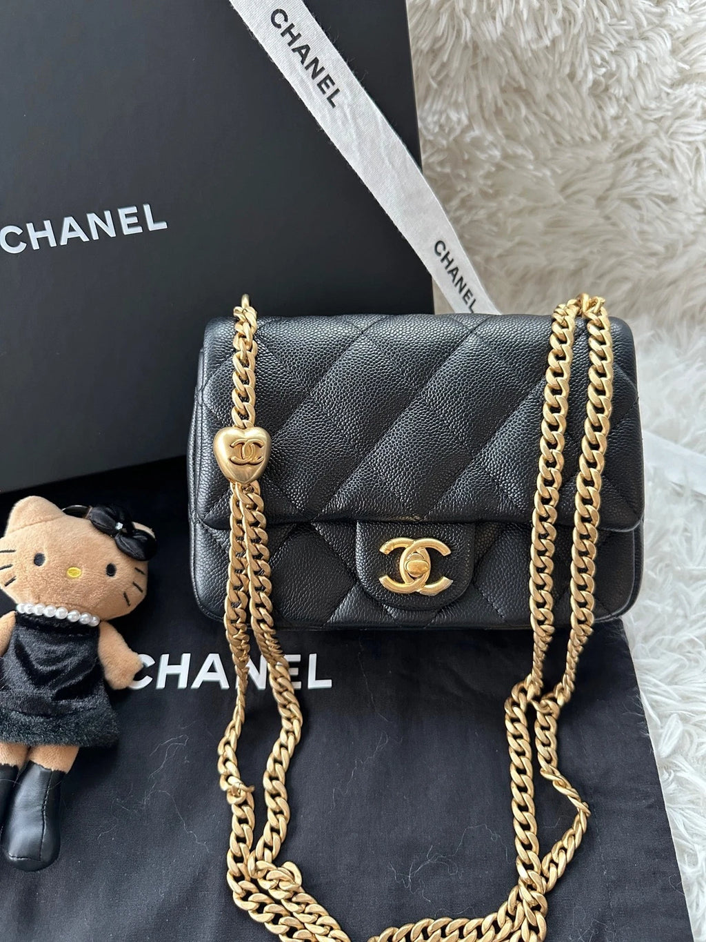 Chanel Black Gold Leather Heart Ball Mini Crossbody Bag For Women