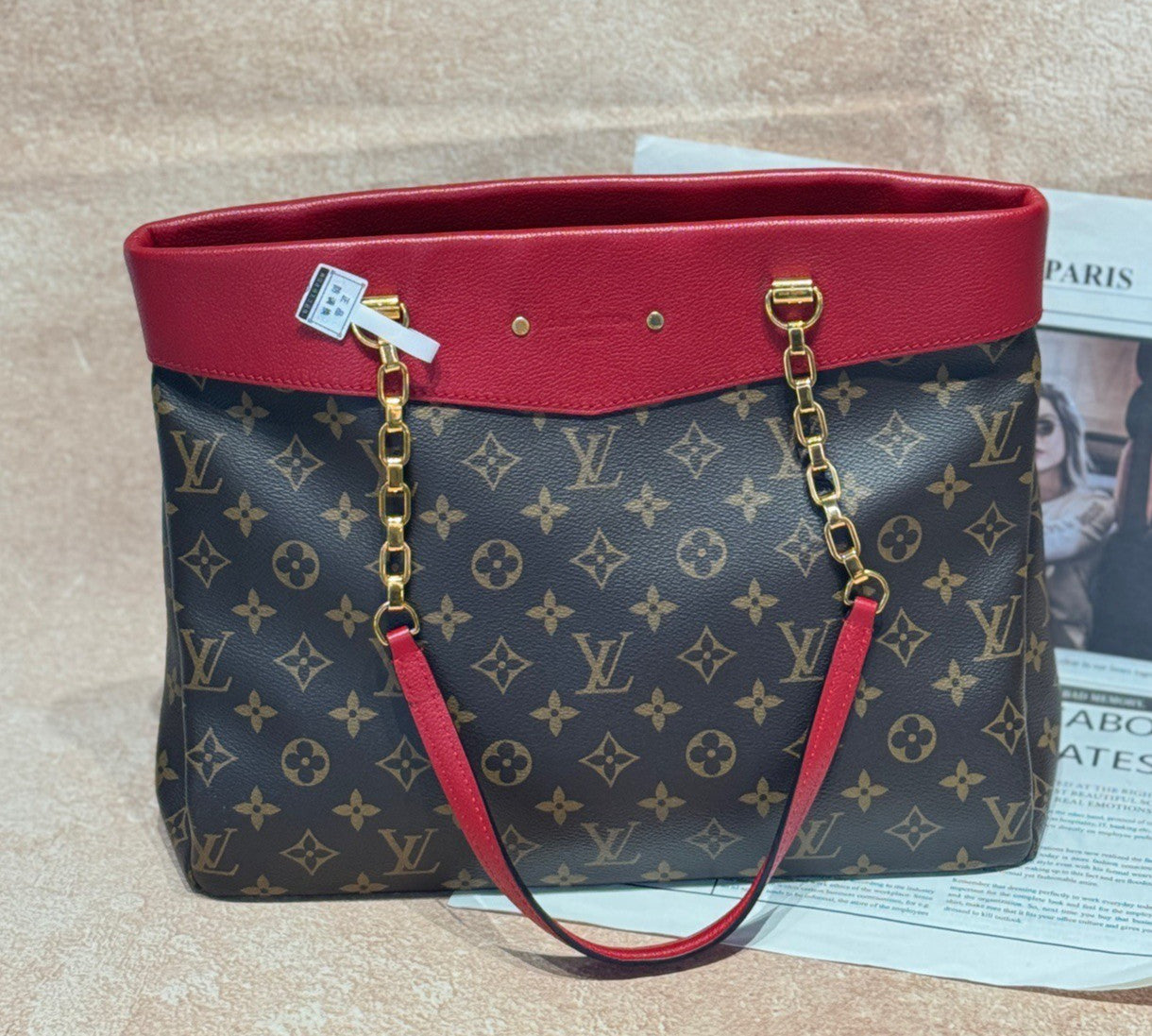 Louis Vuitton Pallas Tote Chain Monogram Shoulder Bag Brown Red Women Classic