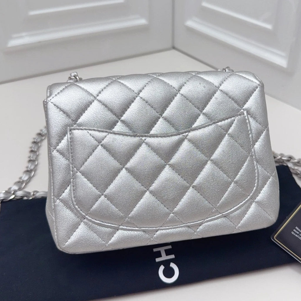 Chanel Classic Flap Mini Lambskin Silver Diamond Chain Shoulder Bag Crossbody