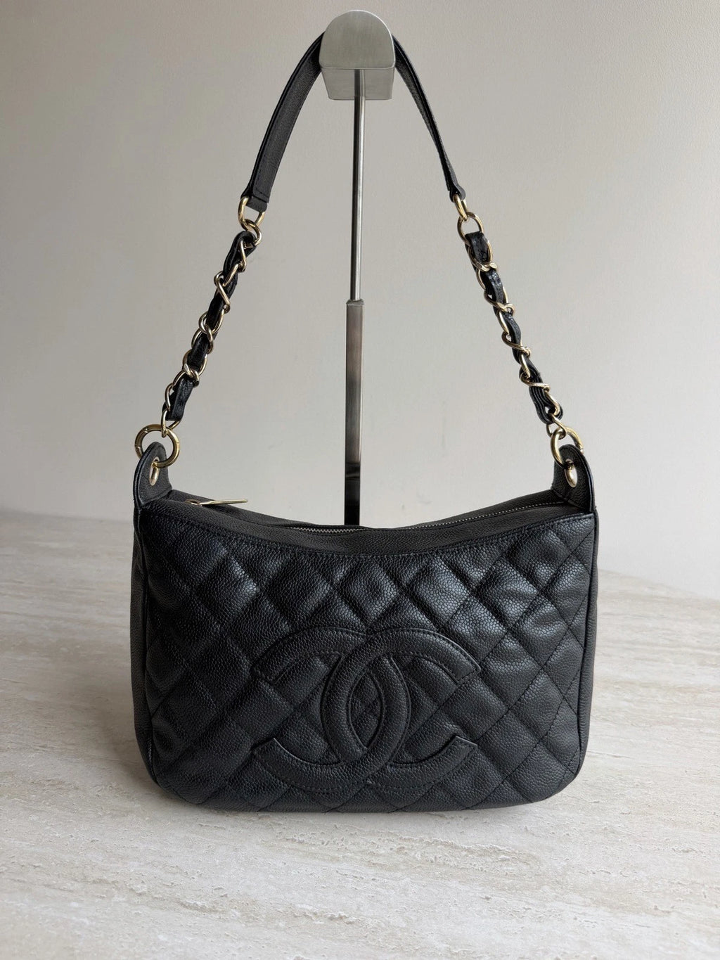 Chanel CC Logo Caviar Leather Diamond Gold Chain Underarm Shoulder Bag
