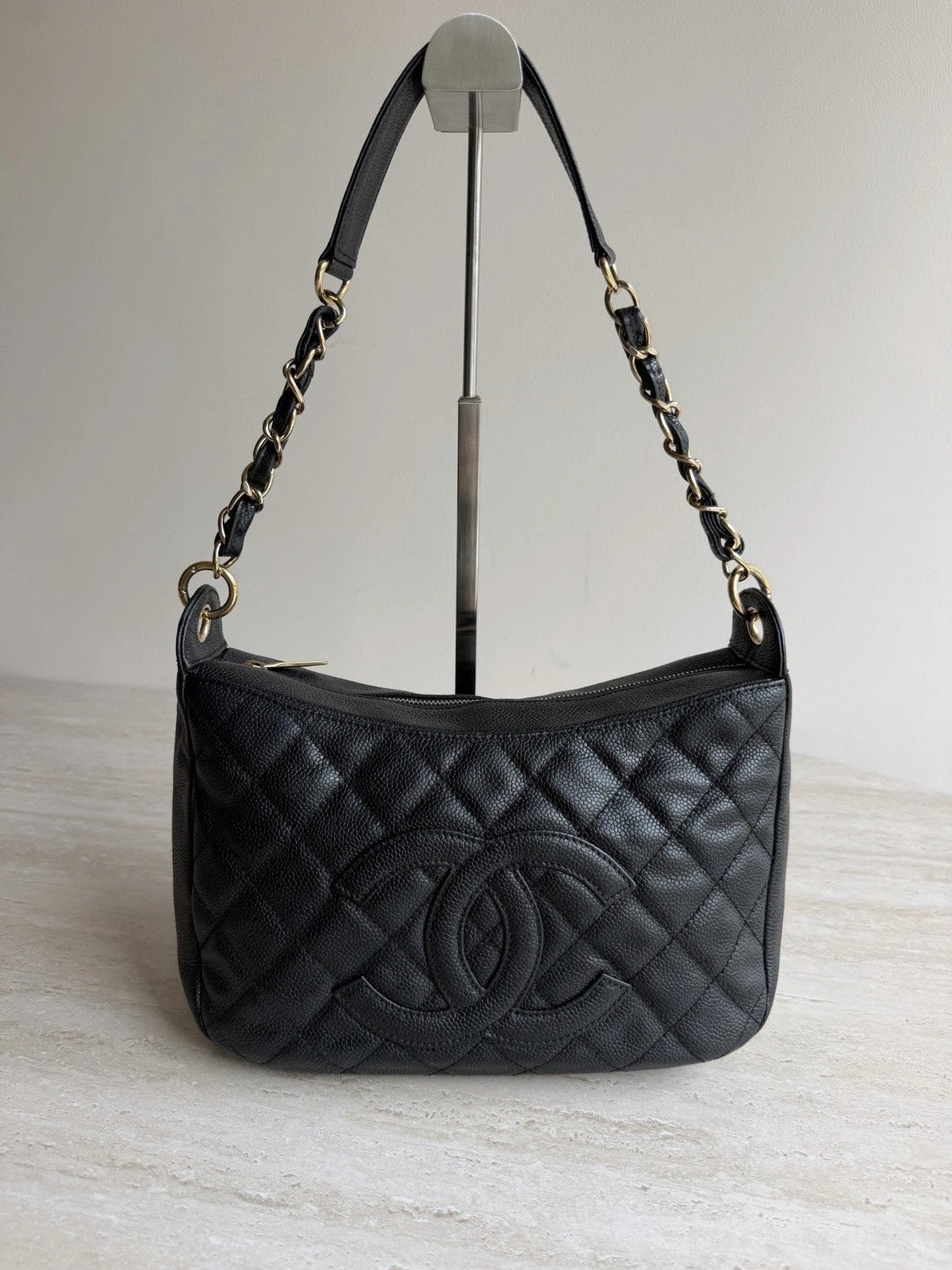 Chanel CC Logo Caviar Leather Diamond Gold Chain Underarm Shoulder Bag