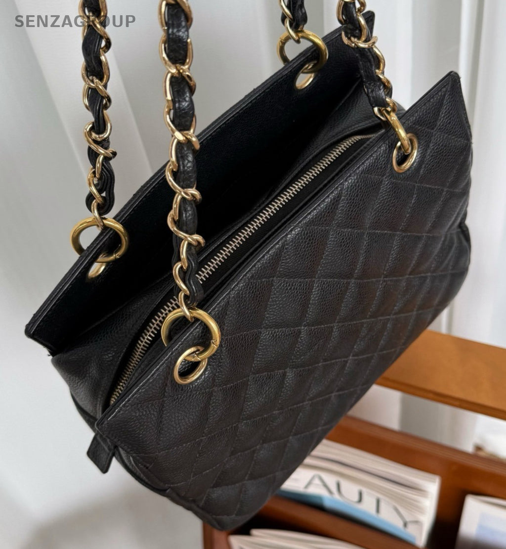 CHANEL PPT Caviar CC Chain Shoulder Handbag Black Gold Women tote