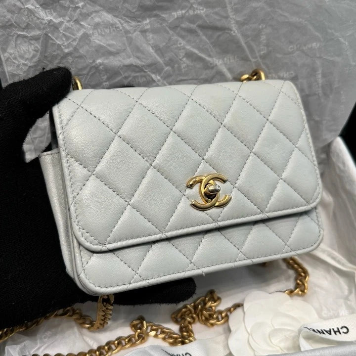 Chanel Woc Chain Lambskin 2Ways Shoulder Crossbody Bag Gray Gold Women D