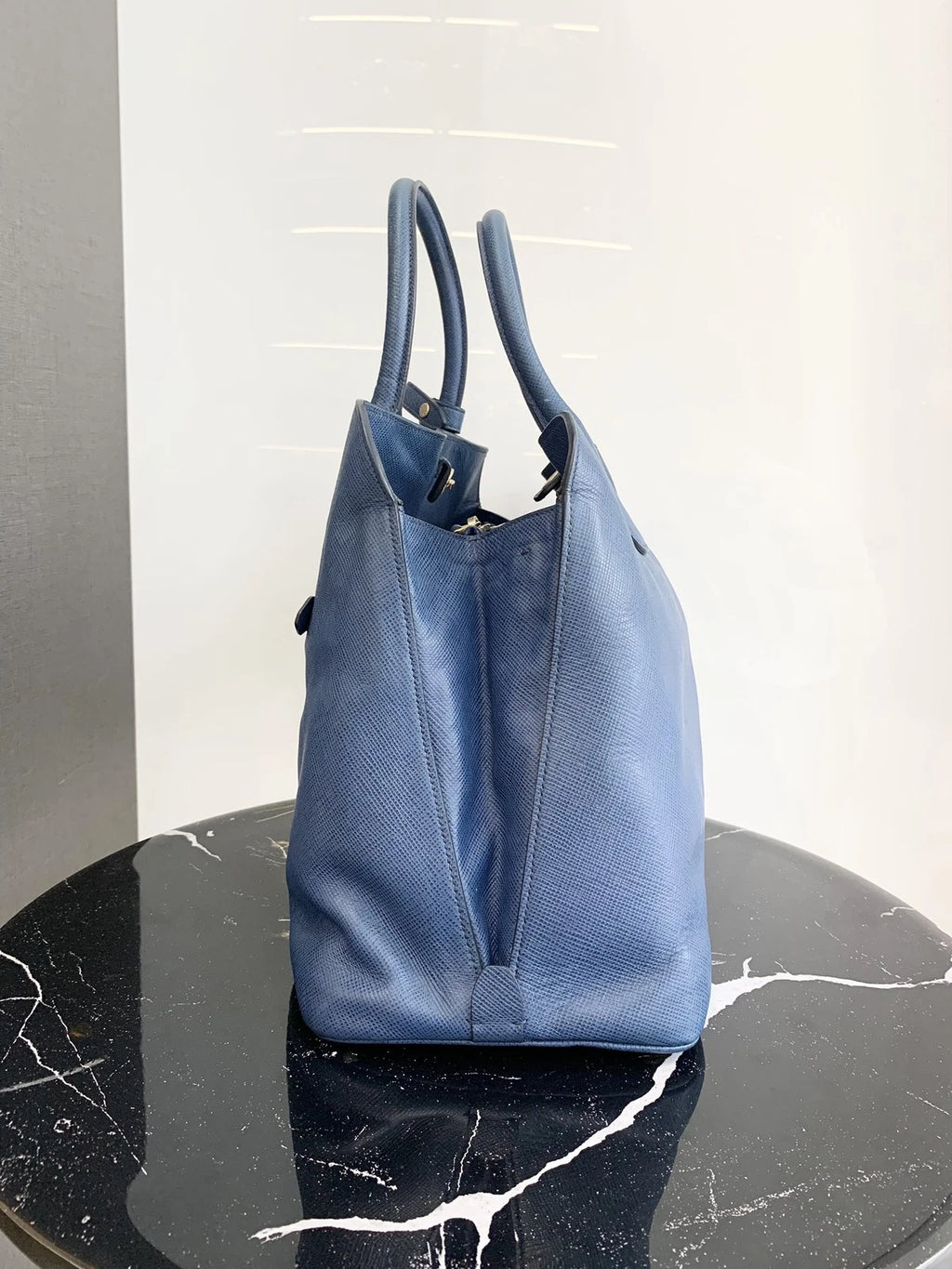 Prada Calfskin Tote Top Handle Bag Blue Gold Hardware Women S