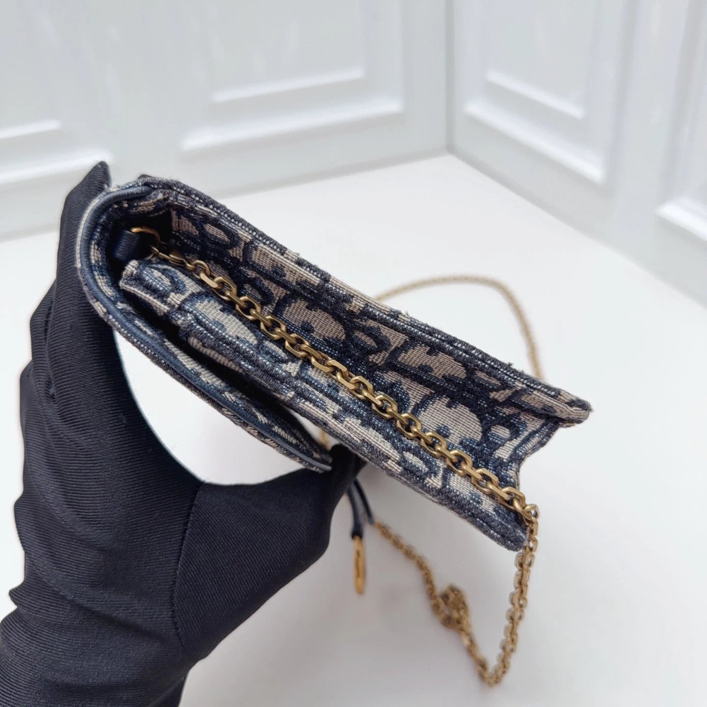 Christian Dior Oblique Canvas WOC Gold Chain Navy Shoulder Bag Crossbody