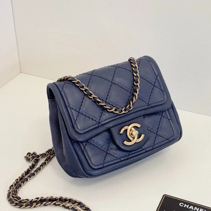 Chanel Classic Flap Chain Shoulder Bag Crossbody Blue Gold Women Diamond