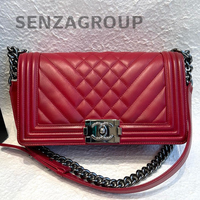 Chanel Medium Le Boy Red Silver Quilted Chain Shoulder Bag Classic Women