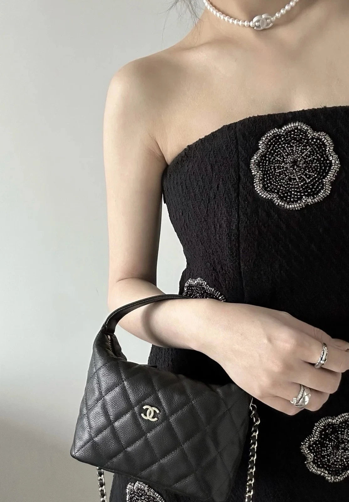 CHANEL Black Leather Hobo Chain Lunch Box Shoulder Crossbody Bag Women