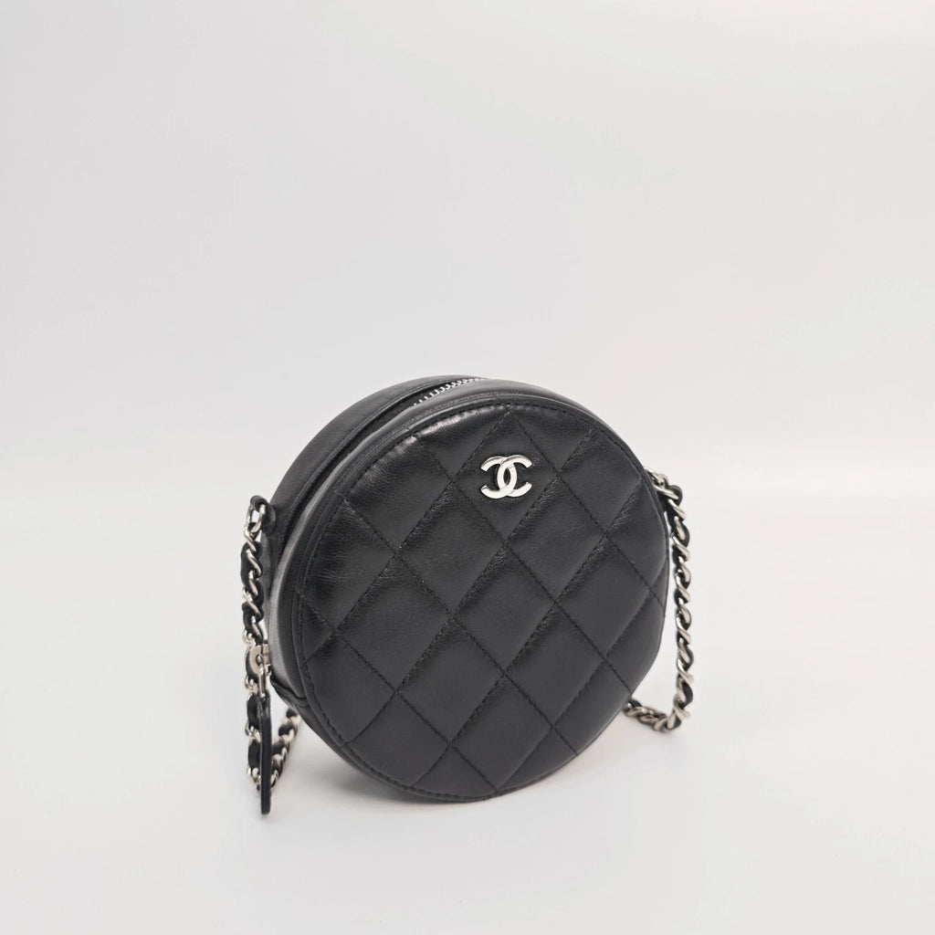 CHANEL Black Lambskin Silver Hardware Round Crossbody Bag Women