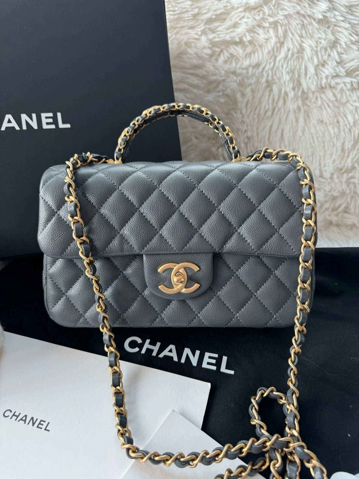 Chanel CF Handle Small Gray Leather Top Handle Handbag For Women