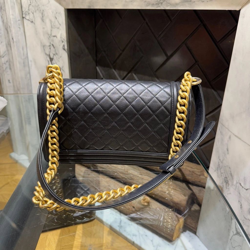 CHANEL Leboy Medium Lambskin Black Gold Shoulder Bag For Women