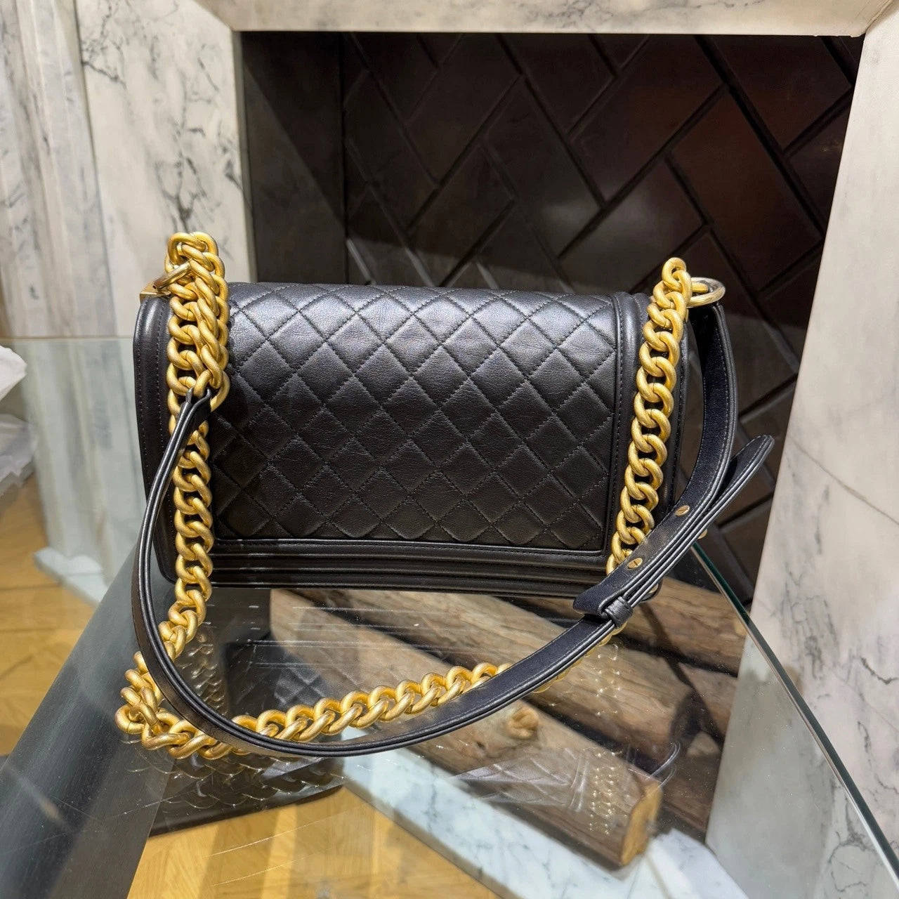 CHANEL Leboy Medium Lambskin Black Gold Shoulder Bag For Women