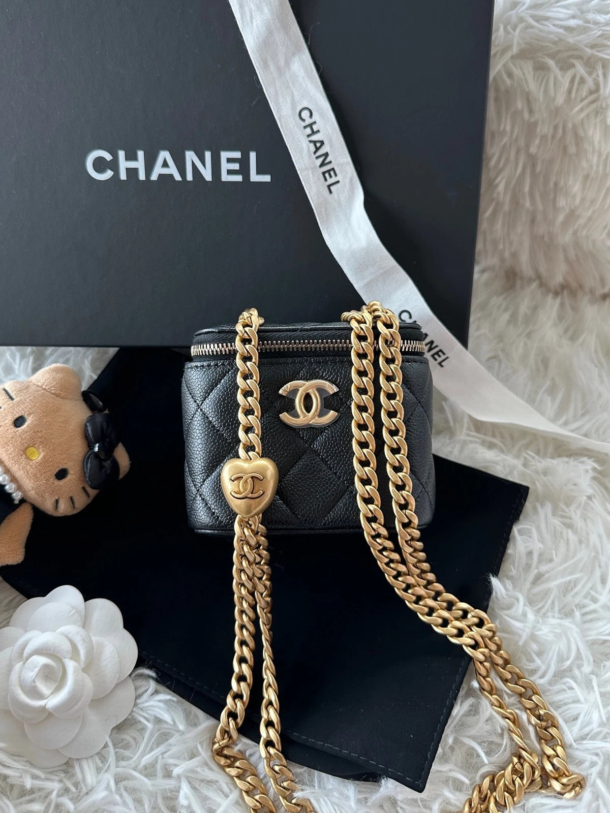 Chanel Black Leather Heart Button Mini Square Box Bag For Women