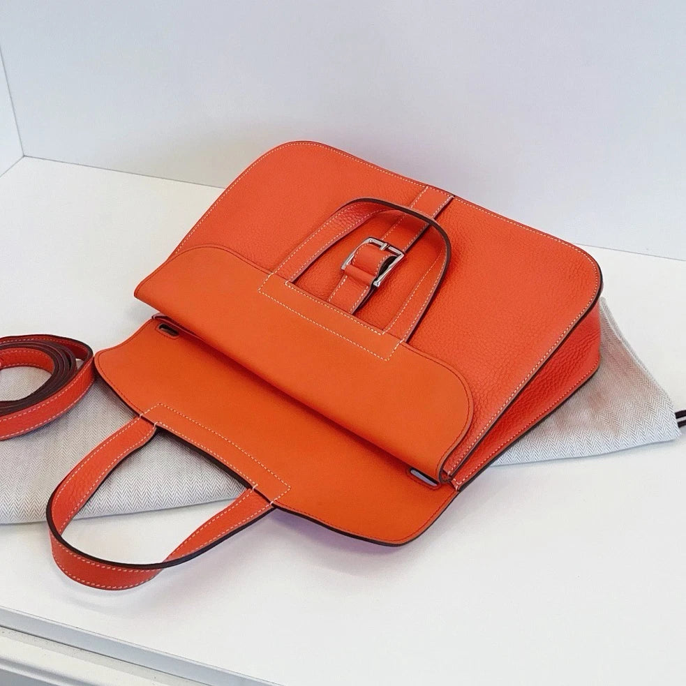 Hermes Halzan31 TC Leather Handbag Crossbody Orange Silver Hardware