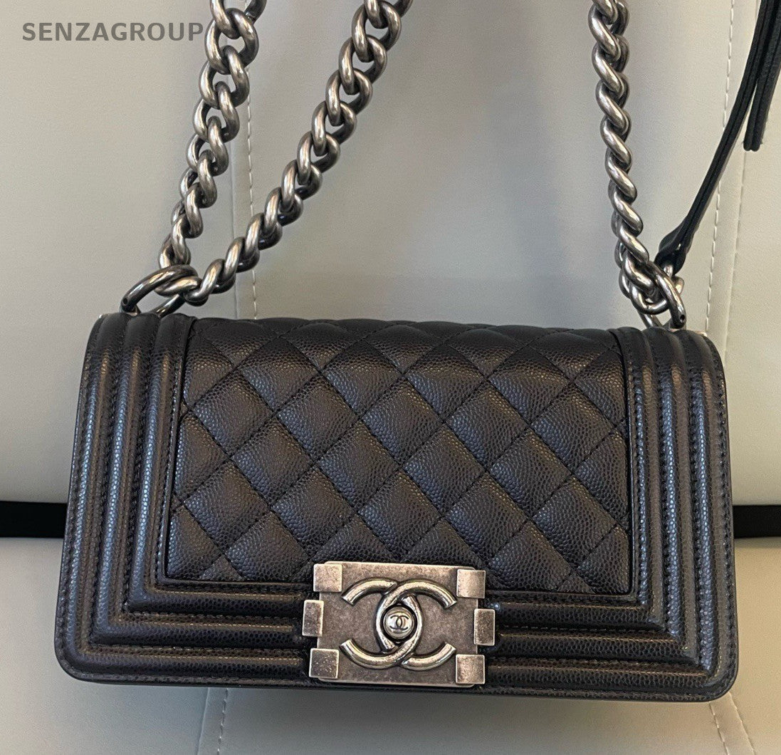 Chanel Leboy PM Chain Shoulder Bag Crossbody Black Silver Diamond Women Classic