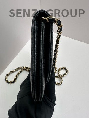 Chanel Black Caviar Leather WOC Saddle Bag Chain Strap Classic Women