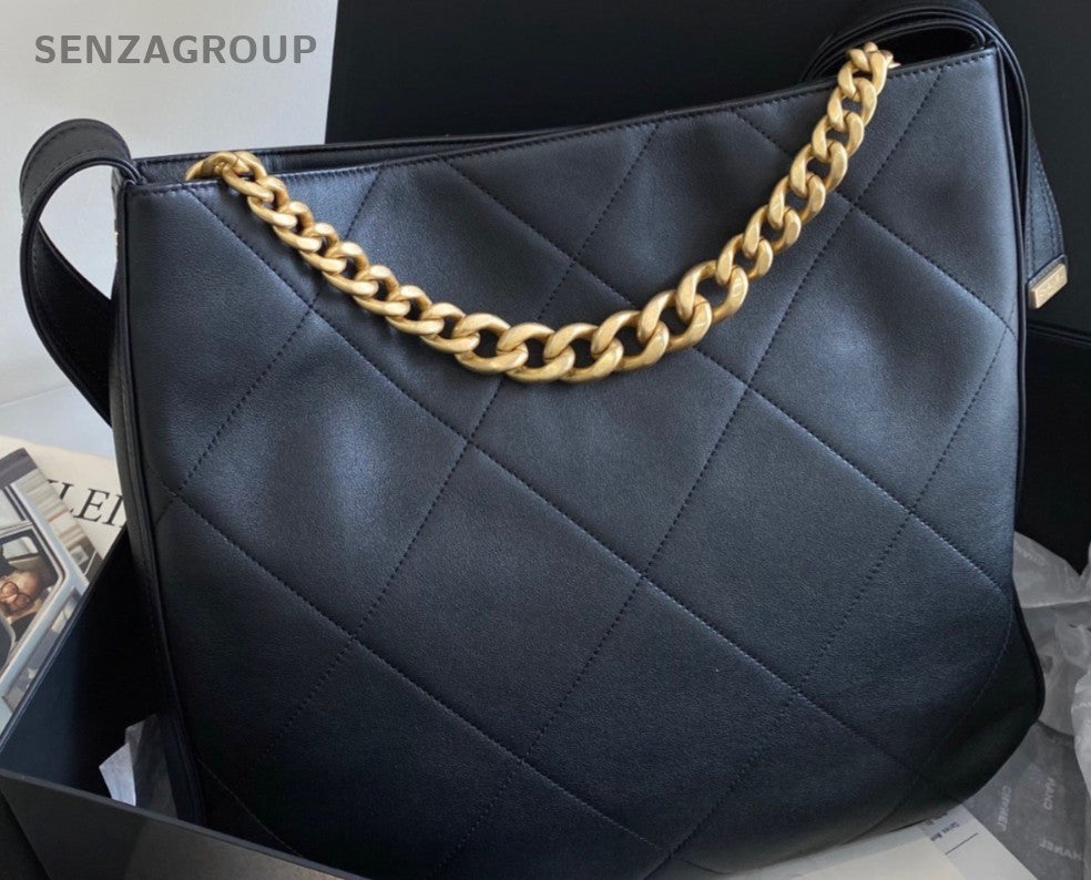 Chanel 21 Hobo GM Chain Shoulder Bag Diamond Black Gold Women Classic Vintage