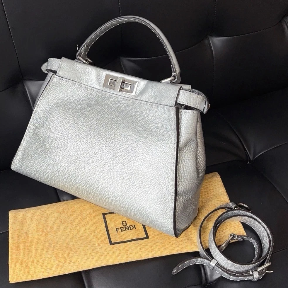 Authentic Fendi Peekaboo Calfskin Top Handle Crossbody Bag Silver SHD