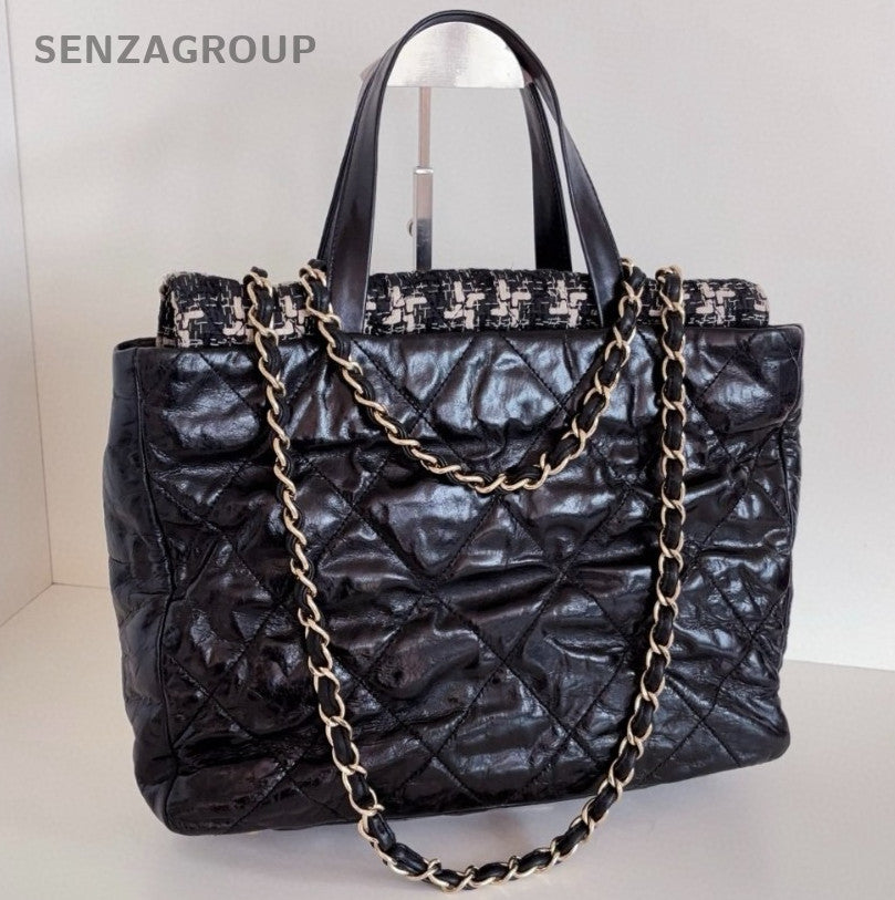 Chanel Diamond Calfskin Tote Handbag Chain Shoulder Bag Black Gold Women Classic