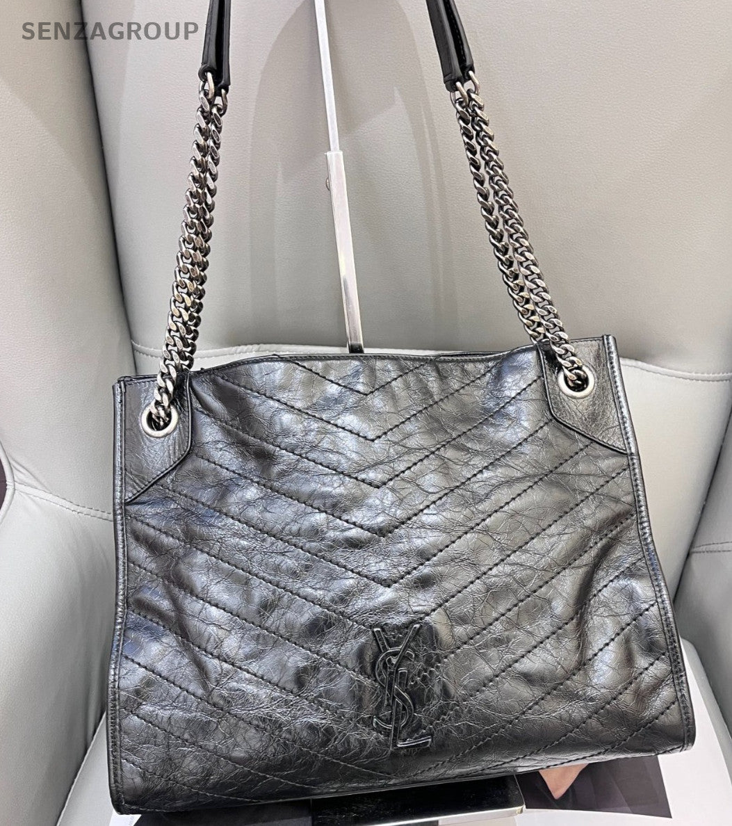 Saint Laurent Niki Shopping Bag Chain Tote Shoulder Bag Black Silver Used Women