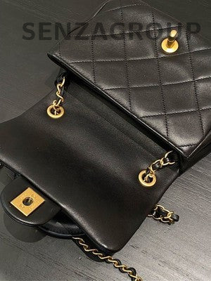 Chanel Black Lambskin Gold Hardware Circle Handle Chain Crossbody Bag