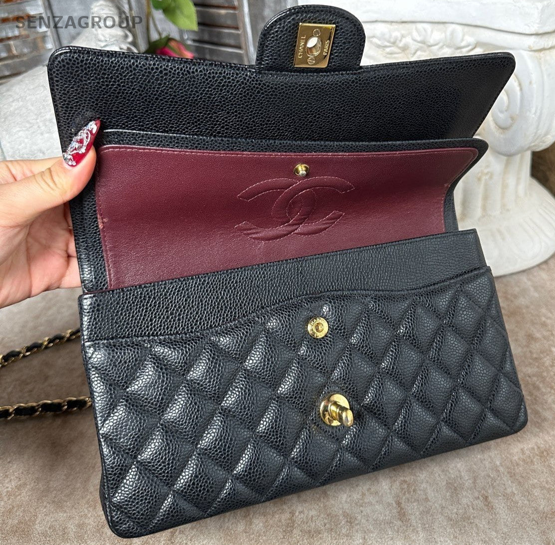 Chanel Classic Flap MM Calfskin Shoulder Bag Crossbody Black Gold Women Fashion