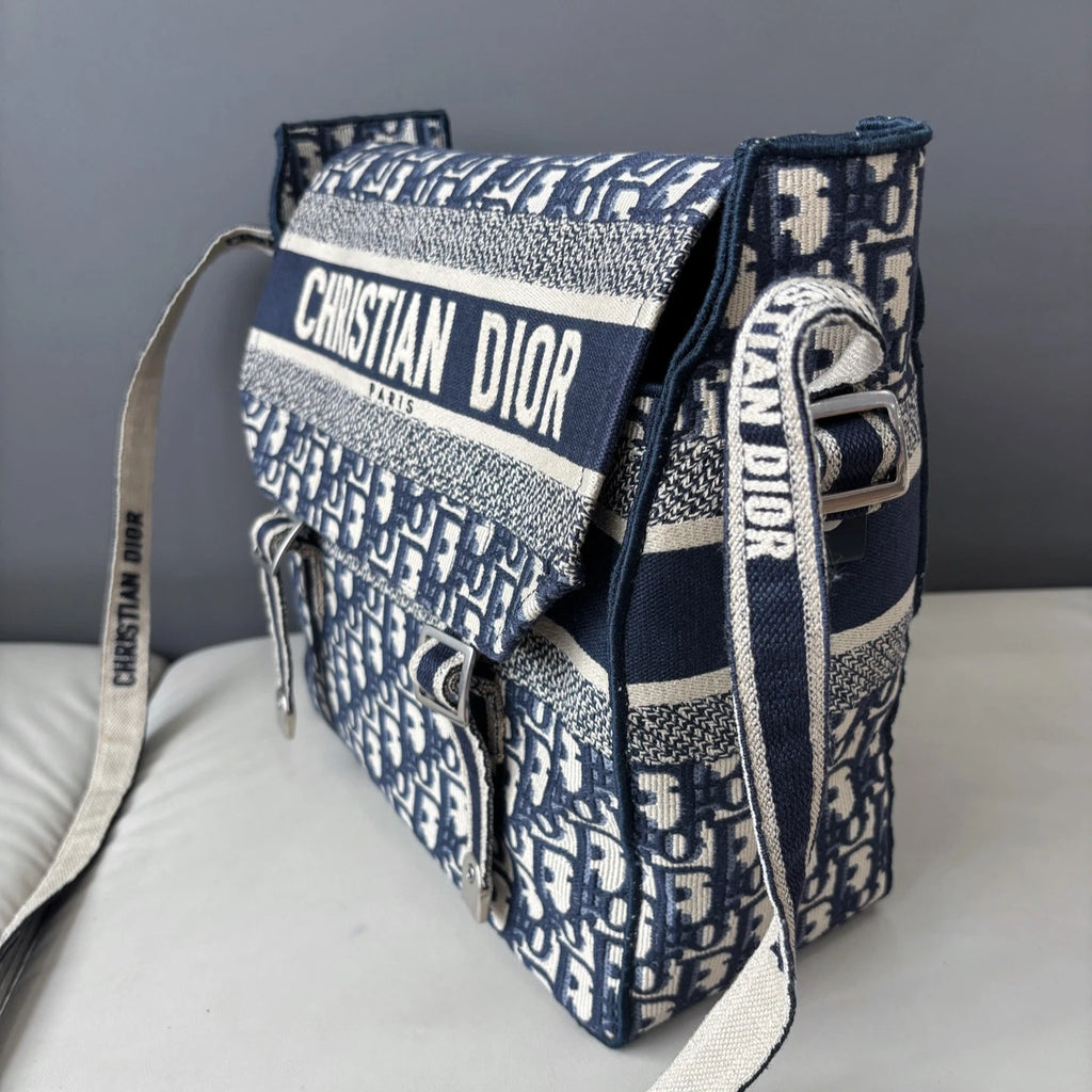 Excellent Christian Dior Camp Messenger Bag Blue Oblique Canvas Shoulder Bag