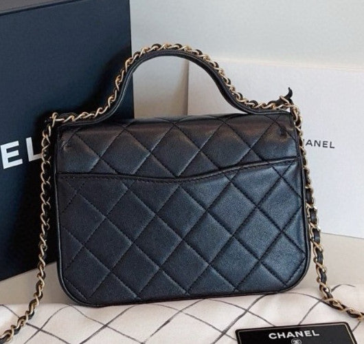 Chanel 19Bag  Diamond Top Handle Chain Shoulder Crossbody Black Gold Used Women