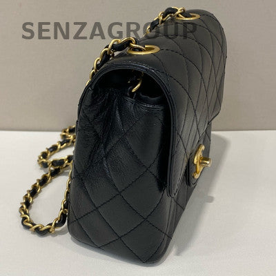 Chanel Mini Classic Flap Black Gold Quilted Lambskin Chain Crossbody Bag