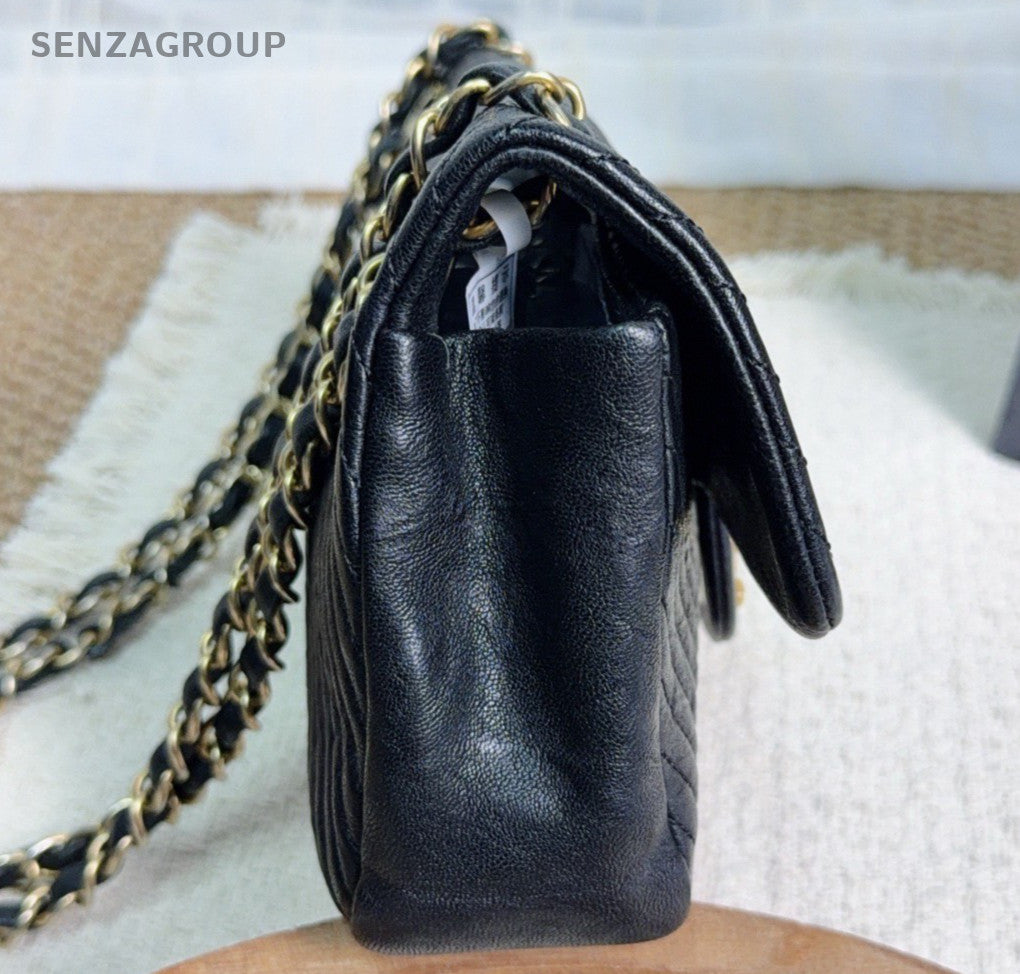 Chanel Classic Flap PM Chain Shoulder Bag Crossbody Chevron Black Gold Women