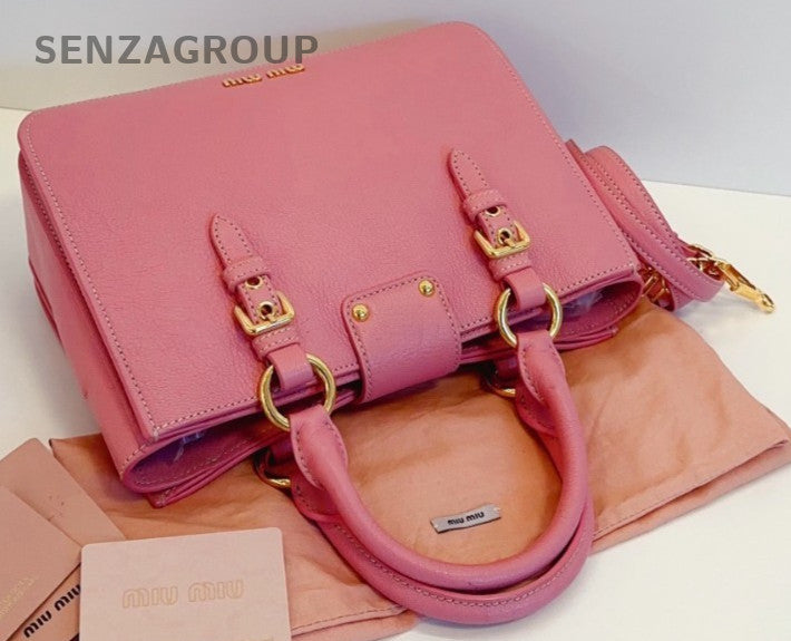 Miumiu Calfskin Tote Pink Gold 2WAY Shoulder Handbag Crossbody Almost Brand NEW