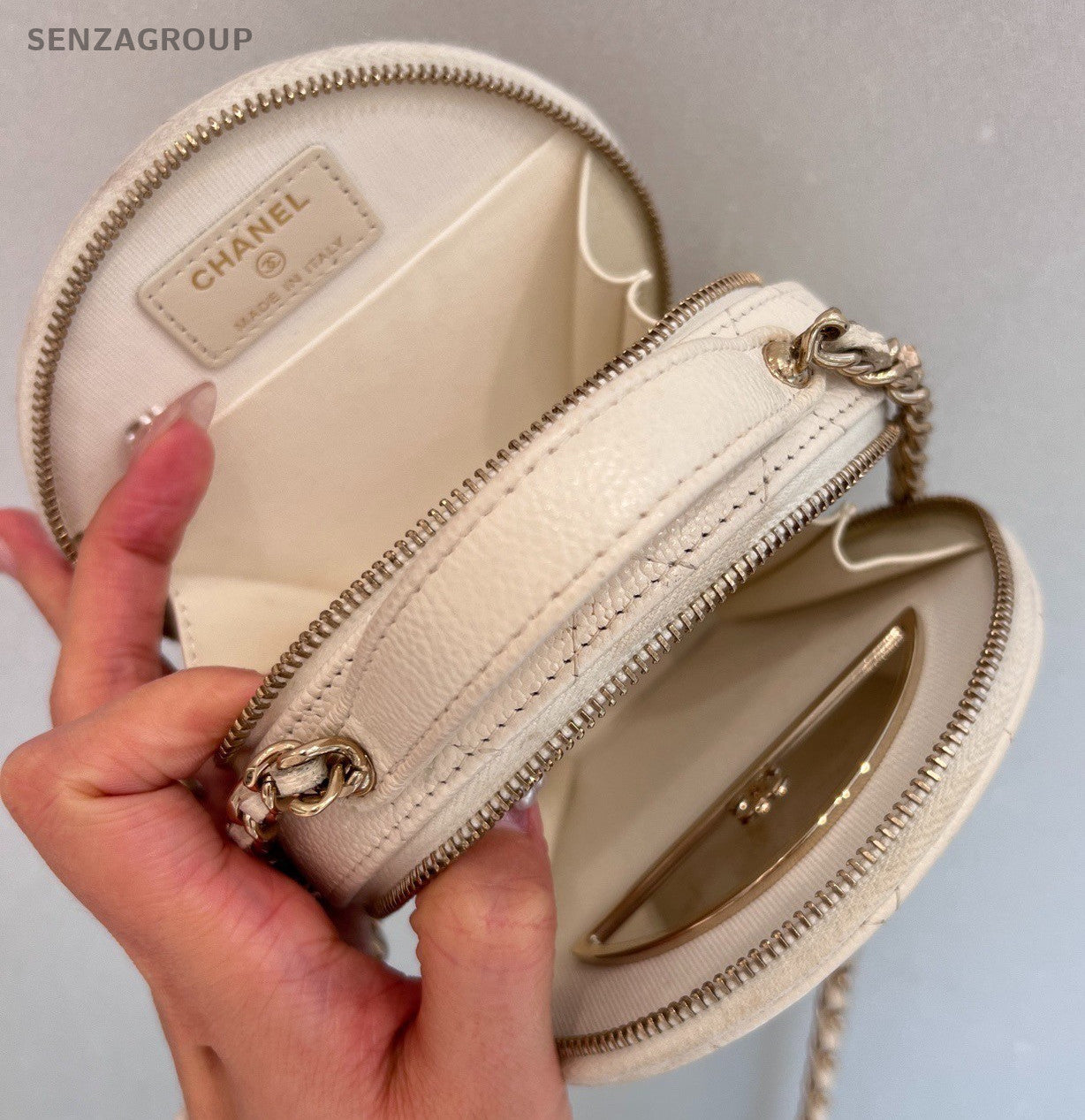 Chanel Diamond Calfskin Mini Round Bag Chain Crossbody White Gold Women Classic