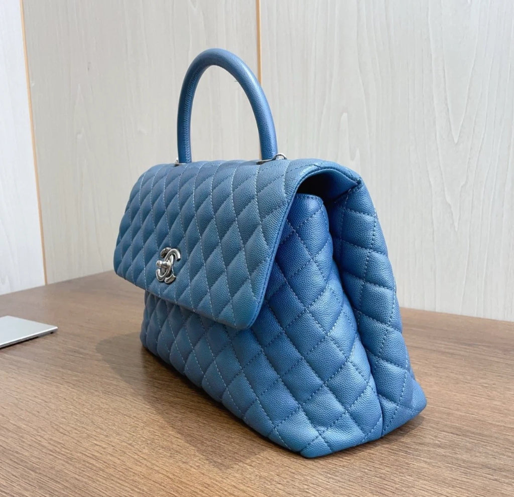 CHANEL Coco Handle Calfskin GM Top Handle Bag Crossbody Bag Blue Women