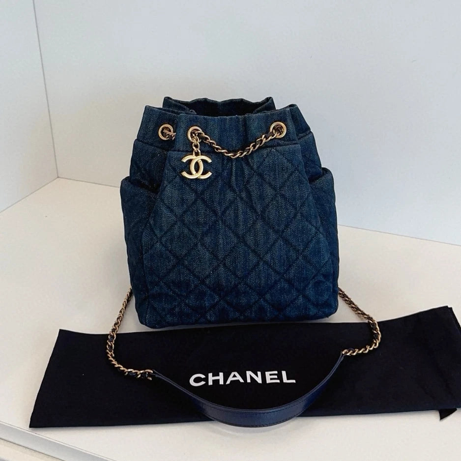 Chanel Denim Bucket Chain Shoulder Crossbody Blue Gold Diamond Women Classic
