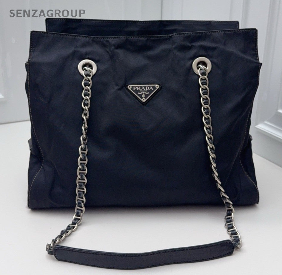 Prada Tote Chain Black Silver Shoulder Bag Used Women Classic