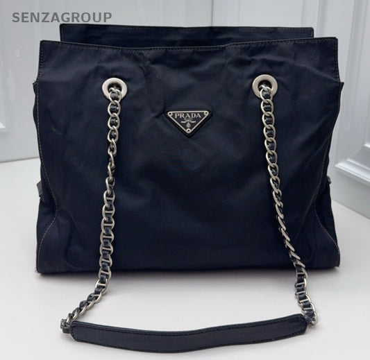 Prada Tote Chain Black Silver Shoulder Bag Used Women Classic