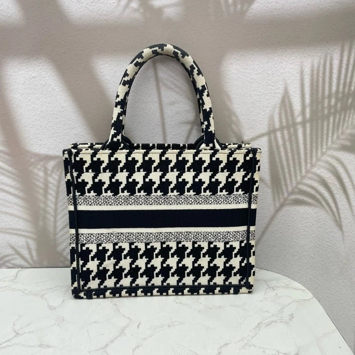Dior Houndstooth Embroidered Canvas Small Tote Handbag For Women