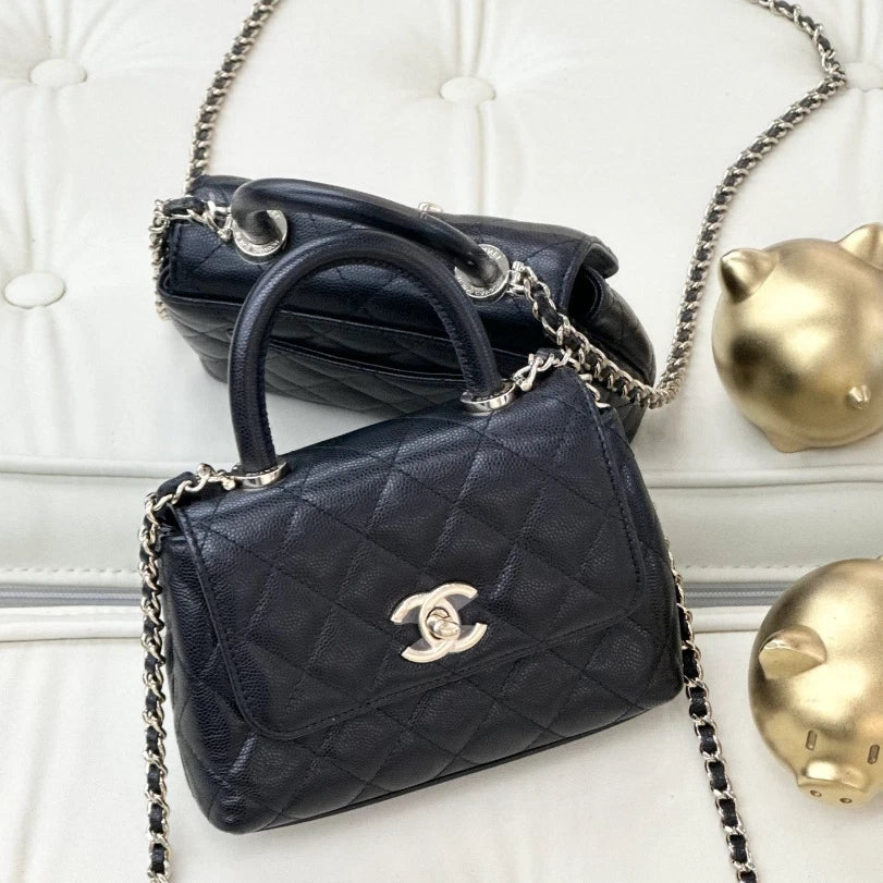 Chanel Coco Handle Mini Calfskin Chain Top Handle Crossbody Black Women S