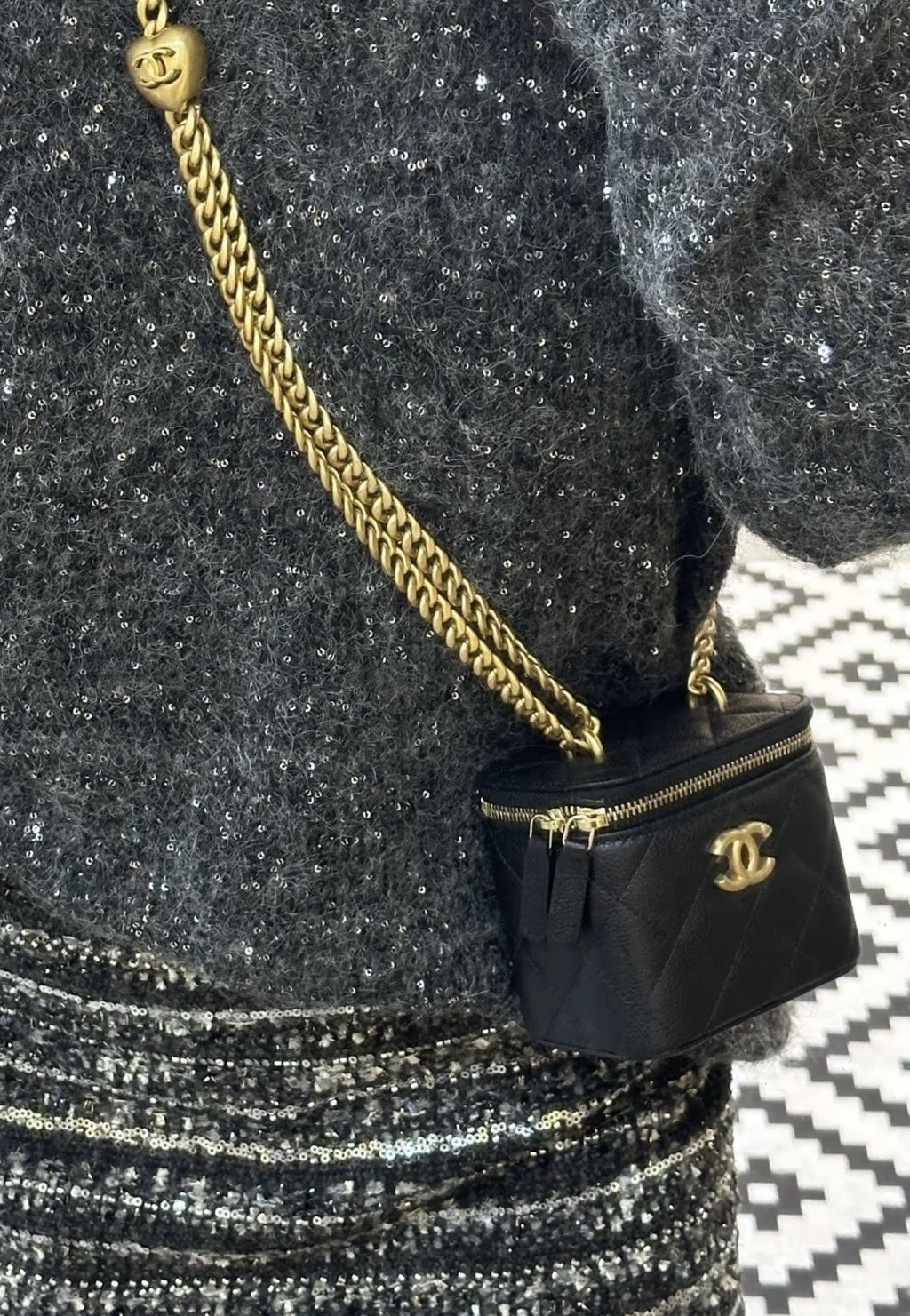 Chanel Black Leather Heart Button Mini Square Box Bag For Women